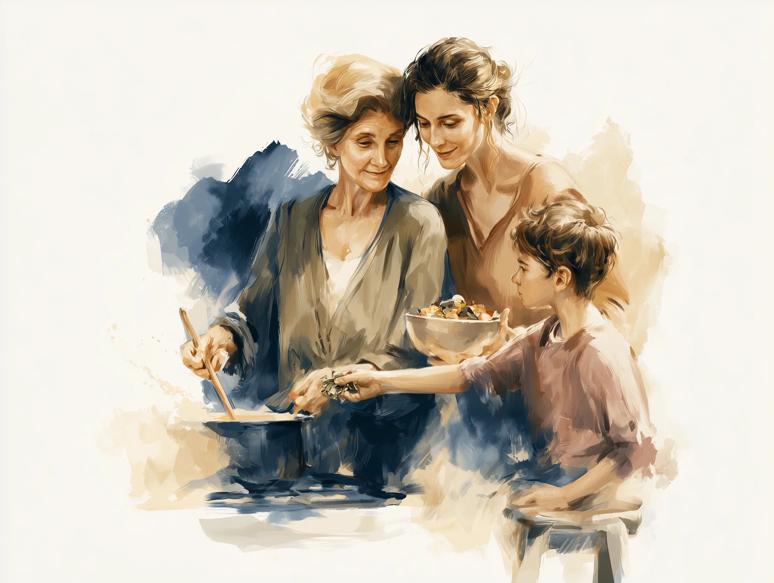 A grandmother, mother, and child cooking together around a mixing bowl.