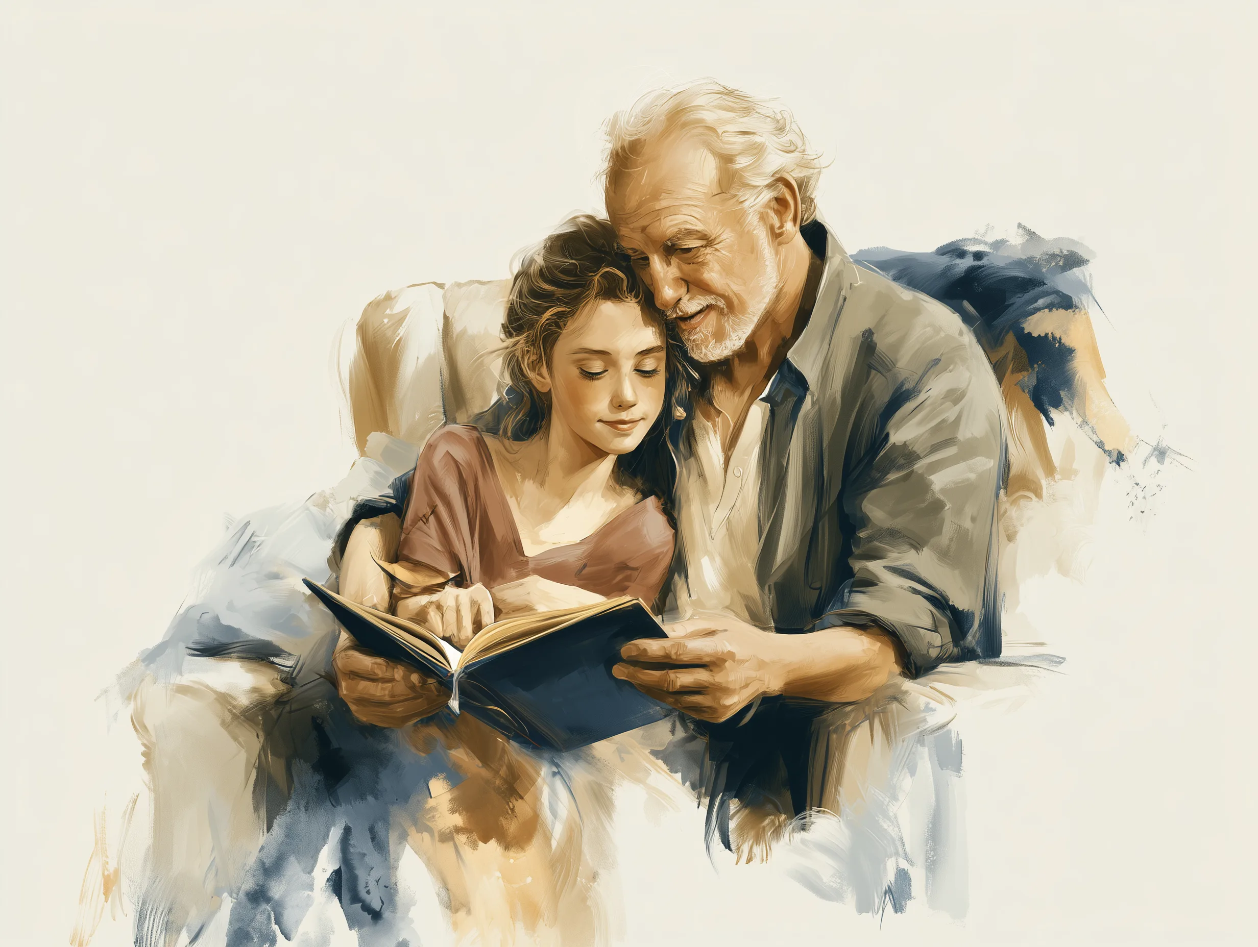A grandfather and his granddaughter reading a book together in an armchair.